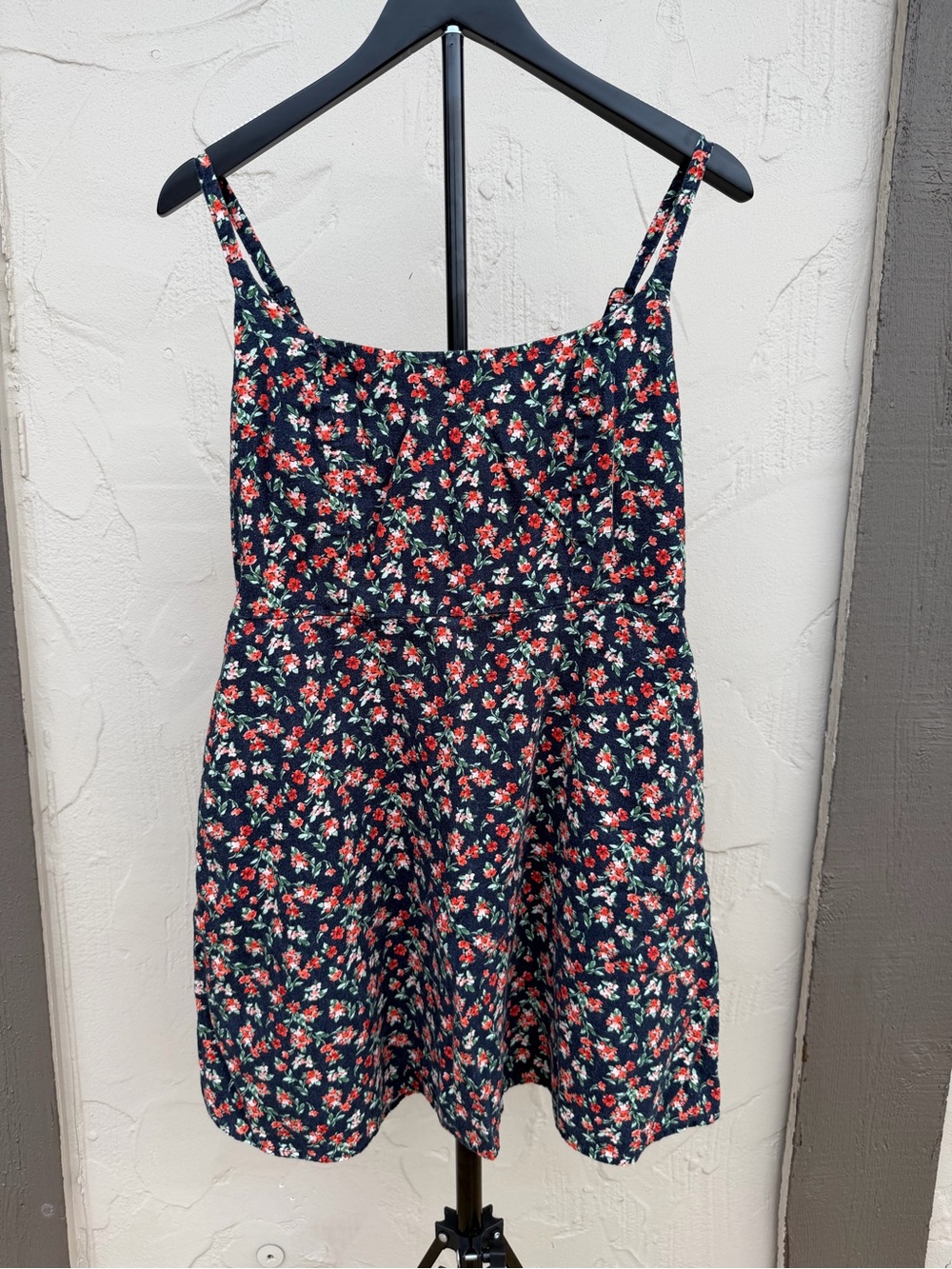 Old Navy Navy Floral Spaghetti Strap Dress with Red and Green Accents